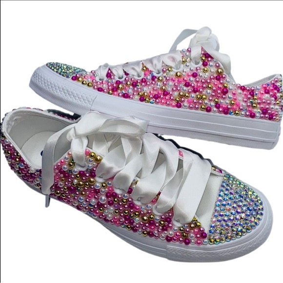 Pink Gold Pearls & Crystal Low Top Converse Sizes 5-14 New With Ribbon Laces - Picture 3 of 14